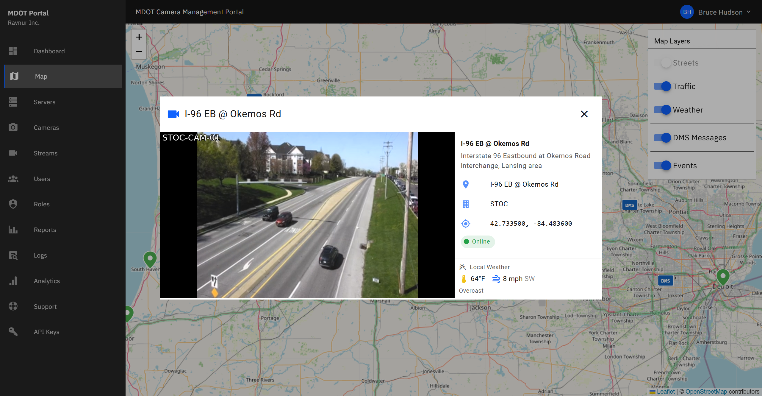 Video player window showing a live camera feed opened from a map pin, with camera name and copy-link button.